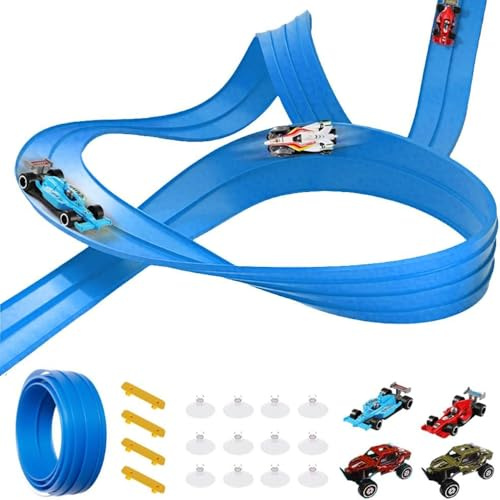 5m Flexible Race Track Toy Set for Kids, Flexible Car Track with 4 Cars, Flexi Track, Toy Car Ramp Rolls Up, Portable Starting Point, Dual Racetrack for Jumps Loops Ramps, Xmas Birthday Gift (blue)