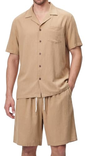 Suwangi Uomo Completi Manica Corta Bottone Camicia e Pantaloncini Estate Spiaggia 2 Pezzi in Lino con Tasche