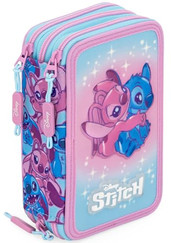 Clondo Astuccio Scuola 3 Scomparti Completo Per Stitch Fan - 46 Accessori Bambini - Kit Cancelleria con 3 Penne Gel Cancellabili, Pennarelli, Pastelli, Colla, Evidenziatore