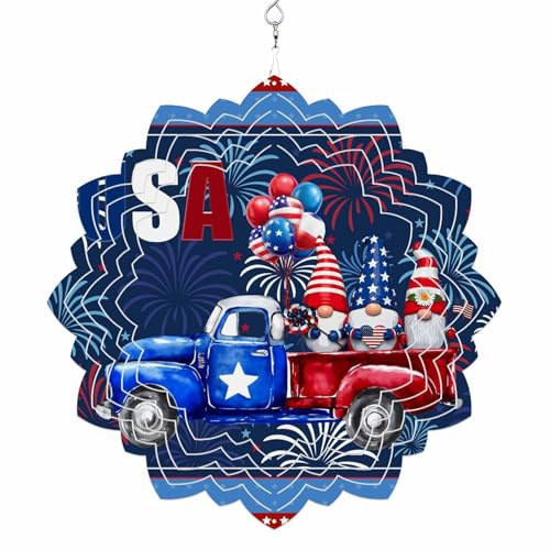 Independence Day Wind Spinner for Garden Yard 12In, Red Blue USA Truck with Gnomes Sparklers 3D Stainless Steel Kinetic Hanging Wind Spinners Rustproof Outdoor Decor for Lawn Patio Home