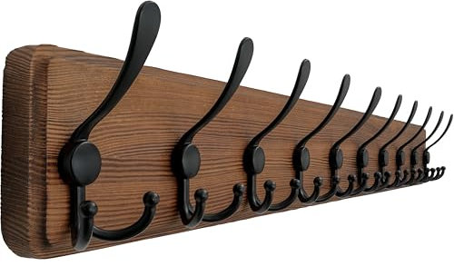 Dseap Garderobe, Garderobenleiste, 97cm Lang Robust Hakenleiste Holz mit 10 Dreifachhaken, Garderobenhaken Wand, Kleiderhaken für Mantel Kleidung Hut Jacken Schals,Natur