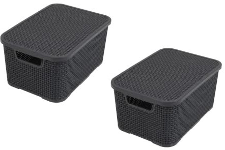 BranQ Home essential Rattan Körbe mit Deckel Tapa Cesta en diseño de ratán, Juego de 2 Unidades, tamaño M, 10 L, plástico PP, Antracita
