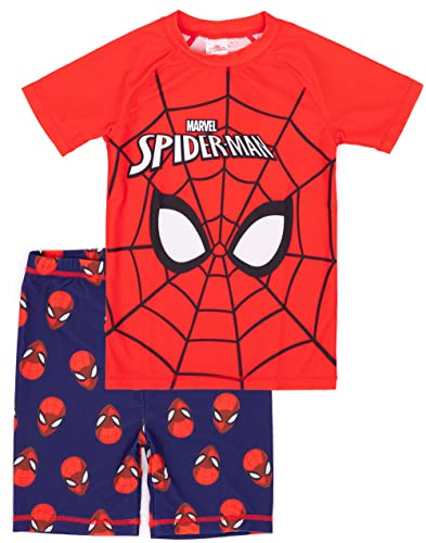 Marvel Spider-Man Swimsuit for Boys | Red Blue Character Mask Spider Web Two-Piece Top Shorts Bathing Suit Swim Set | Kids Superhero Swimwear
