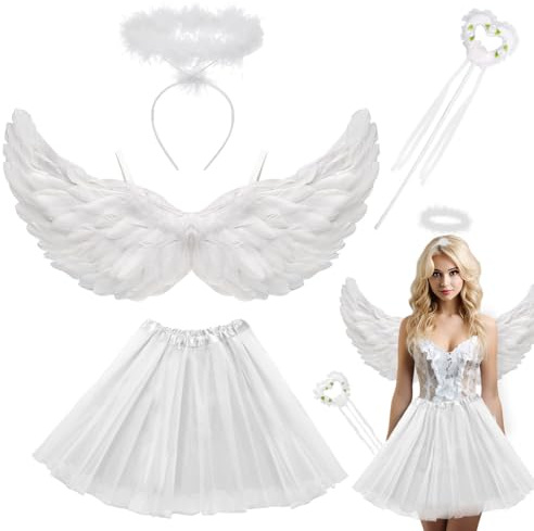WILDPARTY Engel Kostüm Damen Weiße, TUTU-Rock, Flüge, Heiligenschein und Zauberstab, Engelsflügel Deko -, Flügel, Halloween Karneval Party Cosplay Erwachsenes