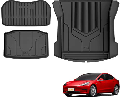 3W Tesla Model 3(2021-2023) TPE Ganzjahres-Maß-kofferraummatte 3-teiliges Set Frunk kofferraummatte + kofferraummatte + Niedrige kofferraummatte Wasserdicht rutschfest zubehör Gilt Nicht für Highland