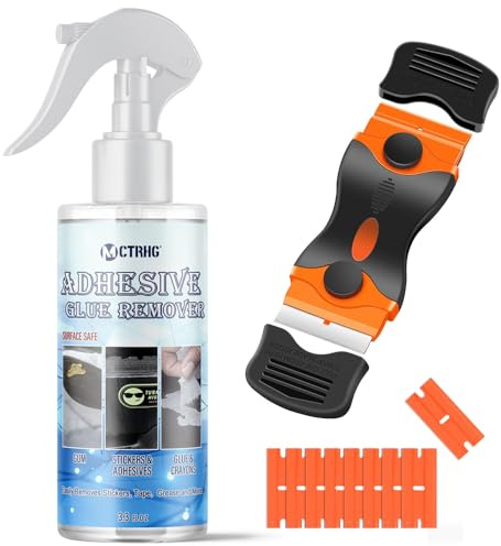 Adhesive Remover with Scraper & Plastic Razor Blades - Surface Safe for Cars, Windows, Ceramic, Plastic - Rapidly Removes Stickers, Decals, Glue