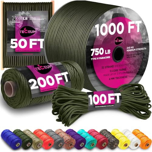 TECEUM Paracord Type IV 750 lb Army Green – 200 ft – 4mm – 100% Nylon Strong Tactical MIL–SPEC Parachute Cord – Survival Rope Emergency para Cord 11 Strands Core EDC Camping Hiking Military Gear 010a