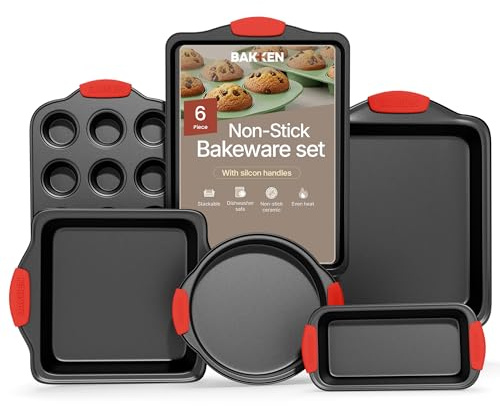 BAKKENMASTER Baking Set – 6 Piece Kitchen Oven Bakeware Set – Deluxe Non-Stick Black Coating Inside and Outside – Carbon Steel – Red Silicone Handles – PFOA PFOS and PTFE Free by Bakken