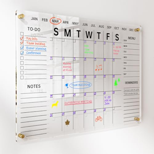 Väggkalender i akryl med torr raderad yta | 71 x 50 cm klar månatlig planeringstavla | Inkluderar 8 färgmarkörer, radergummi, flerfärgade avstängningsskruvar och installationssats | Perfekt för hem