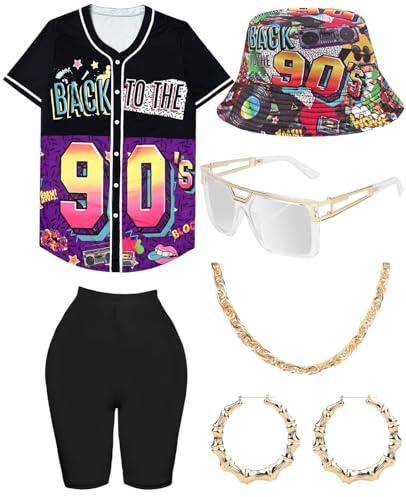 Abbigliamento anni '90, leggings da donna con accessori, costume hip hop, pantaloni lunghi e sciolti da yoga, cappelli da pescatore, orecchini, collana, 80s 90s colorato Rapper Shirt Schlagermove