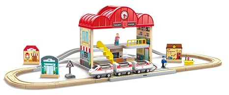 Hape Set Stazione ferroviaria Portatile in Legno, Gioco di Treni per Bambini, Binari, Stazione e Personaggi, Facile da trasportare