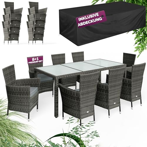 Casaria® Gartenmöbel Set 8 Personen Stühle inkl. 7cm Polster & Abdeckung Tisch 190x90cm 160kg Belastbar Wetterfest Polyrattan Stapelbar Terrasse Möbel Grau