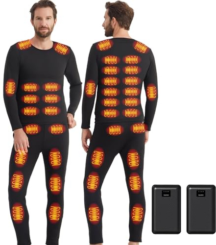 Ventouse Beheizte Unterwäsche Set mit 2-Powerbanks: 3 Heizstufen 42 Heizzonen Winter Herren Beheizte Hose und Top für Motorrad Jagd Ski Wintercamping (Schwarz-Herren, S)