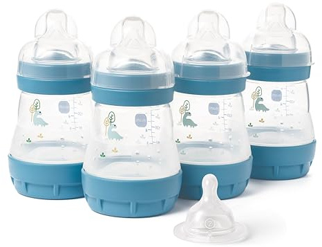 MAM Easy Start Anti-Colic Baby Bottles | 4 Pack (4X 160ml) | Self-Sterilising Baby Milk Bottle | Slow Flow MAM Teats Size 1 + 1x Medium Flow Teat Size 2 | Blue (Various Designs)
