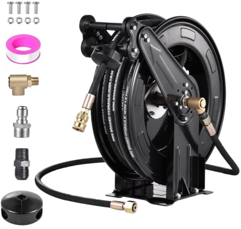 Enrouleur de tuyau rétractable pour nettoyeur haute pression | double bras, rétraction automatique, 15 m x 1,5 cm, pour eau/air/huile, 4000 PSI, acier robuste