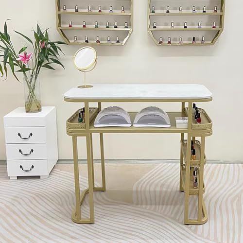 PA-DABAOO Manikyrbord med gyllene ram, manikyrbord med låda och öppen hylla, bord för nagelsalonger, multifunktionellt bord för hemmakontor, skönhetsspa, kraftig metallram,85cm