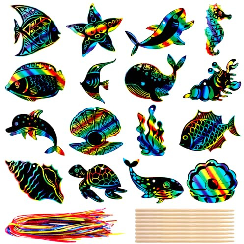 64 Stück Kinder Meerestiere Kratzbilder Set für Basteln Party Mitgebsel | JOLCEEY Kratzpapier zum Basteln für Kinder DIY Regenbogen Scratch Painting für Schulranzen Anhänger Kindergeburtstag