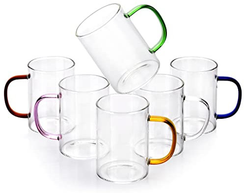 QHYK Vasos de 6 tazas de café de cristal, 320 ml, sin plomo vidrio Tazas, con Asas Colores, para té y café, Cócteles, transparente Cristal de la Taza, regalo