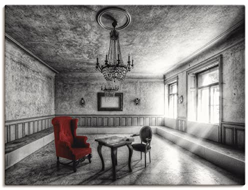 ARTLAND Wanddeko Leinwand Bilder Wandbild Architektur Lost Place Zimmer Deko Lampe Kronleuchter Sessel Rot Foto Schwarz Weiß T9SH