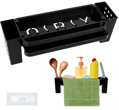 xiruiubao Organizador Cocina Fregadero,Soporte Esponja Fregadero,Organizador de Fregadero con Soporte Para PañOs de Cocina,Soporte Para Palillos Y Bandeja Recogegotas ExtraíBle,Sin Taladrar (Negro)