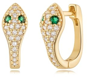MYEARS Women Snake Earrings Gold Huggie U Hoop Ear Stud Cuff Green Cubic Zirconia 14K Small Simple Hypoallergenic Everyday Jewelry