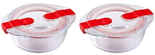 Pyrex Microwave Safe Classic Round Glass Dish with Vented Lid 1.1L Red (Pack of 2)