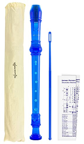 Flauta dulce soprano escolar de 3 piezas, incluye barra de limpieza, tabla de dedos y bolsa de transporte, color azul - World Rhythm WR-801