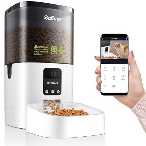 Balimo Foderautomat för katter och hundar, 4L automatisk torrfoderdispenser med 1080P HD-kamera, APP-kontrollkamera för röst- och videoinspelning