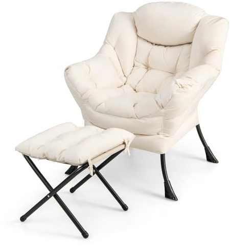 GORELAX Lazy stol med ottoman, modern accentstol med armstöd och sidoficka, stoppad lounge soffstol och hopfällbar fotpallsset, lässtol för sovrum, vardagsrum, sovsal (beige)