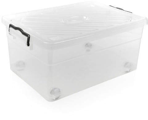 URBNLIVING 40L Clear Plastic Stackable Airtight Storage Box Clip Lock Lid on 4 Wheels