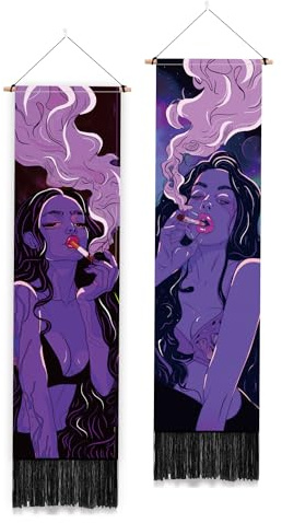 PLIGREAT 2er Pack Wandteppich Anime Wandbehang Vertikaler Wandbehang mit Quasten Cool Girl Wandbehang für Schlafzimmer Wohnzimmer Langer schmaler Wandbehang Einweihungsgeschenk (Lila)