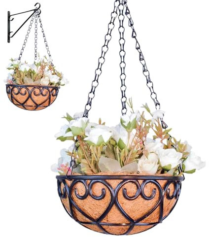 Yonuaret Fioriera sospesa con rivestimento in fibra di cocco, vaso rotondo da appendere, filo di metallo, per piante sospese, per interni ed esterni, giardino