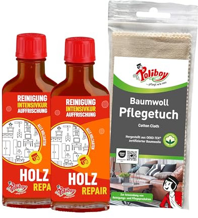 Poliboy Holz Repair - Polish pour meubles marron moyen pour bois laqué - Produit de polissage ravivant les couleurs - 2 x 100 ml - Avec chiffon en coton - Fabriqué en Allemagne