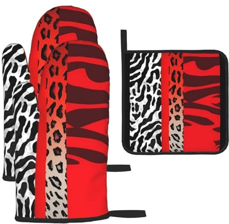 Oven Mitts and Pot Holders 3 pcs Set Cooking Glove Red Leopard and Zebra Animal Oven Mitt Heat Resistant Oven Glove for Cooking Kitchen Oven Gloves Non-Slip Oven Mittens for Microwave Baking BBQ