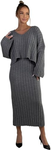 Mississhop Conjunto de punto para mujer con jersey falda, jersey de punto, falda de punto, gris, Talla única