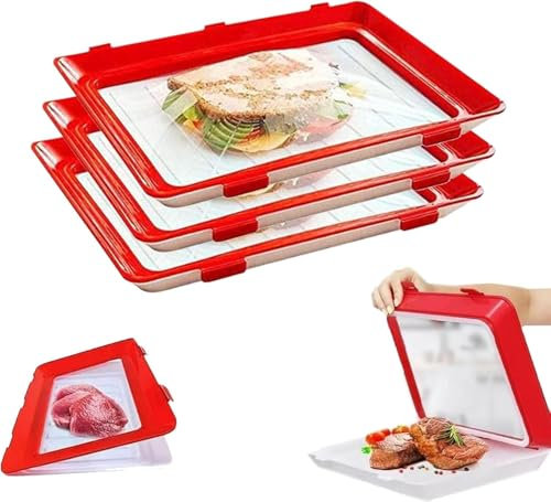 Set da 3 Contenitore per Affettati – Vassoio riutilizzabile impilabile, per salumi formaggi e alimenti design sottovuoto perfetto per il frigorifero dimensioni 30 x 3 x 22 cm (rosso)