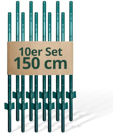 Relaxdays Juego de 10 postes para valla de alambre, 150 cm, perfil en U, acero, verde, con ancla para suelo, para jardín