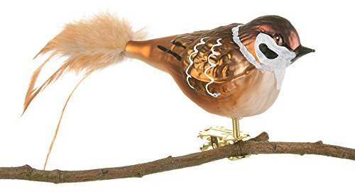 Birds of Glass® Glas-Vogel, Feldsperling mit Naturfeder, Glasschmuck Made in Germany aus eigener Herstellung, deko Vogel mit Clip, Glasvogel, echter Lauschaer Christbaumschmuck, für Innenbereich
