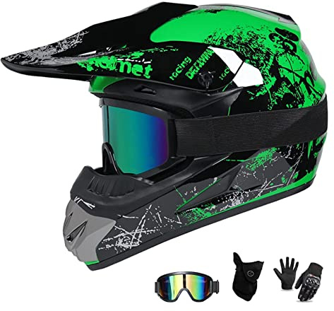 CANIAN Cascos de Moto Integrales, Estampado Floral Verde y Naranja Cascos Infantiles Moto con Guantes Gafas Máscara Dot certificació (B,M(57-58cm))