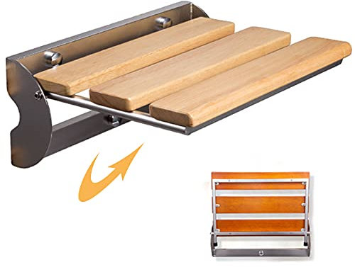 Duschhocker Klappbar Modern Massivholz und Edelstahl Duschklappsitz für Wandmontage Bis 150kg,Wandhocker Duschstuhl Badhocker Duschsitz rutschfeste für Schwangere,Senioren,Behindert