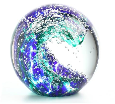 QFkris 3'' Hand Blown Glass Ocean Waves Ball Figurine,Glass Art Bubble Waves Ocean Themed Ball Paperweight for Home Decorative Collectibles Aquarium Decor