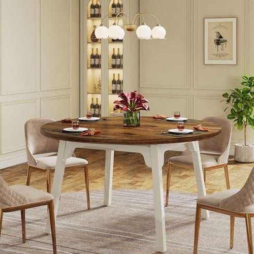 Tribesigns Runder Esstisch für 4-6 Personen,120 x 75 cm (Durchmesser x H), Esstisch Rund mit Massivholz Beinen,Moderner Holztisch für Esszimmer, Wohnung,Braun und Weiß (Marron A)