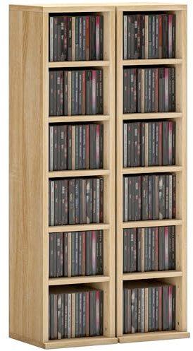 HOMCOM Lot de 2 étagères colonnes Armoire de Rangement CD-DVD 6 + 6 Compartiments 21 x 22,5 x 88,5 cm capacité Max. 204 CD chêne