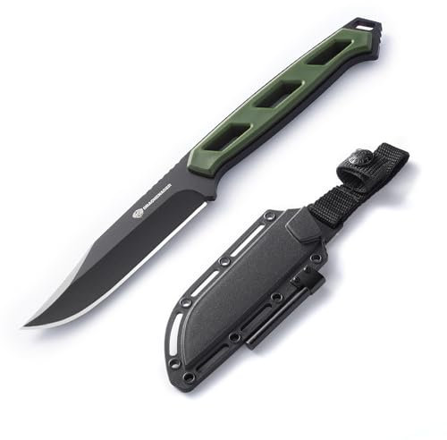 DRACHENADER Couteau de chasse à lame fixe, couteau à ceinture 10 cm longueur de lame, acier 5Cr13MoV, extérieur avec acier à feu et fenêtre Kydex, noir + poignée verte