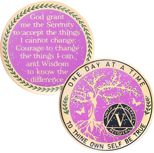 LParkin Moneda de sobriedad púrpura para mujeres, moneda de sobriedad del árbol de la vida, chips AA y medallones, regalos de sobriedad para mujeres, medallón anónimo de alcohólicos (5 años)