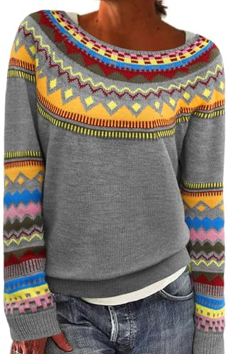 heekpek Norweger Pullover Damen Winter Herbst Rundhals Weihnachtspullover Lässig Lose Damenpullover Langarm Strickpullover Winterpullover Warm Oberteil Elegant Sweater, Graue Faire Insel, XXL