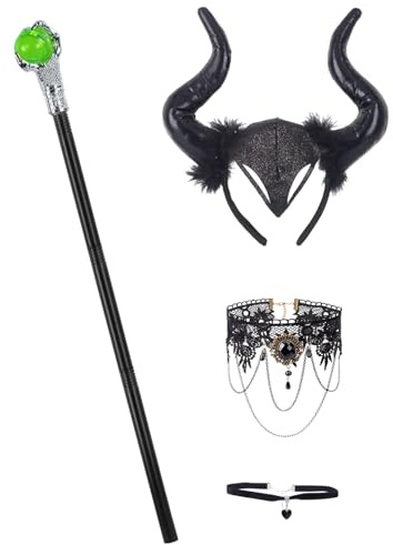 4PCS Königin Hörner Kopfbedeckung mit Stab Magisches & Gothic Halskette Set,Halloween Accessoires Damen Teufelshörner Böse Kostümzubehör,Schafkopf Haarreif Teufel Kostüm Maleficent Cosplay Karneval