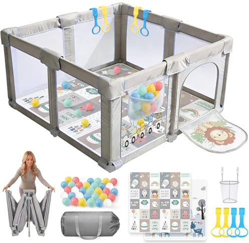 SOFTHOM Parque Infantil Bebe Plegable 130x130x70 con Alfombra, Corralito Bebe con 360°Malla Transpirable+300D Tela Oxford+Base Antideslizante+50 bolas+4 agarraderas+Bolsas de Transporte, León