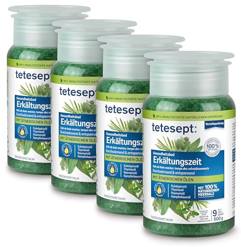 tetesept Meeressalz Badezusatz Erkältung – Badesalz mit ätherischen Ölen zur Verbesserung des Wohlbefindens in der Erkältungszeit - wohltuend für die Atemwege – 4er Pack (4 x 600 g)