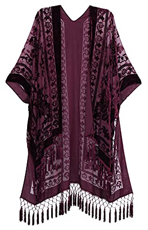 Women's Burnout Velvet Kimono Long Cardigan Cover Up with Tassel (Burgundy)